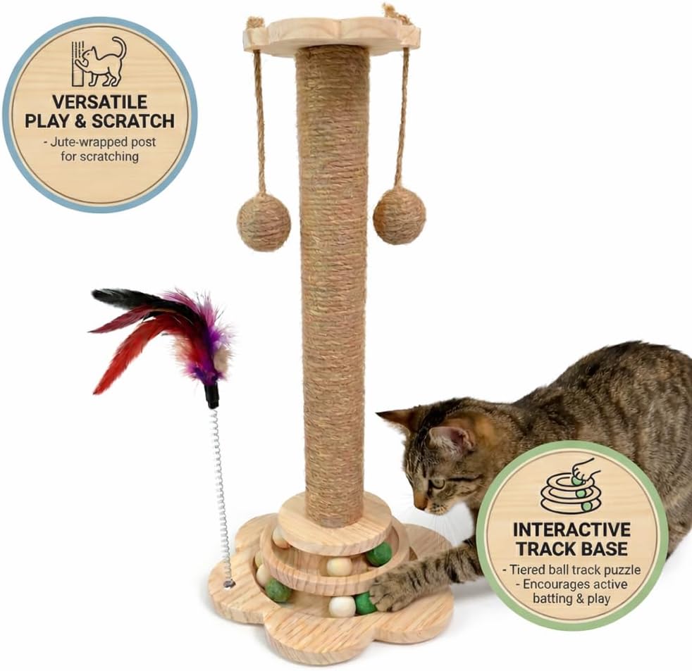 Cat Scratching Post 15" with Sisal Rope, Ball Track Base & Dangling Toys | Catnip balls, heavy-duty wood build, 2 hanging toys, encourages daily stretching and play, protects home furniture