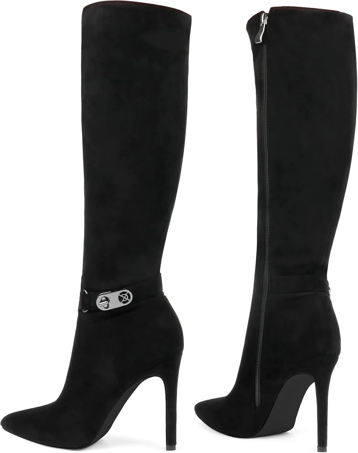 COLETER Women's Knee High Boots Pointed Toe Stiletto Buckle Dress Boots Slouch Zipper Heeled Boots