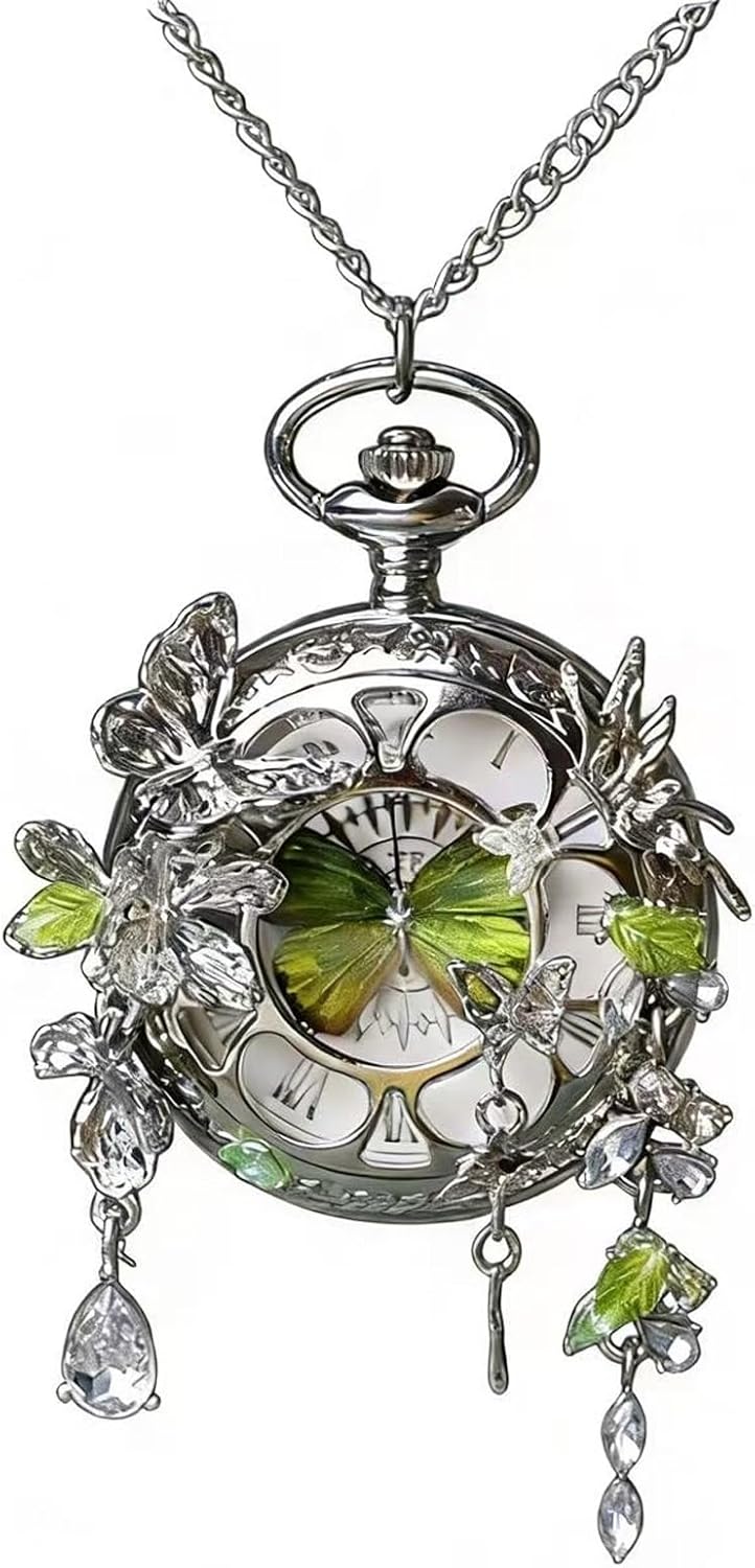 Vintage Butterfly Floral Pocket Watch Necklace Luxurious Silver Crystal Pendant for Women