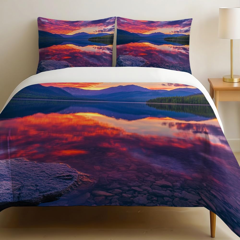Housse de couette 240x260 lac de montagne grand lit double en microfibre