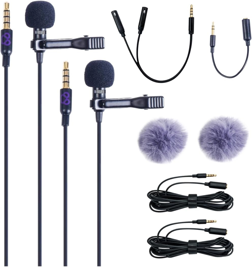 Purple Panda Lavalier Microphone Wired Set (2 Pack)– Compatible with GoPro, Android Smartphone, iPhone, DSLR Camera - Ideal for Motovlogging, Content Creators, Travel, Interview, Sports & Filming