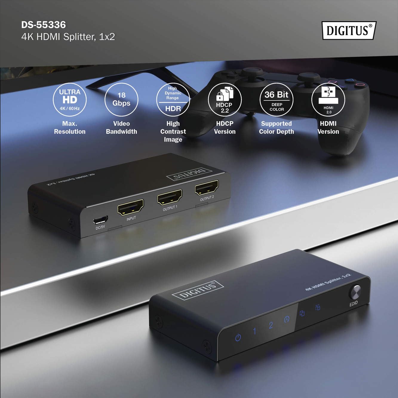 DIGITUS Divisor HDMI 1x2 – 1 Entrada, 2 Salidas – UHD 4K 60 Hz | HDMI 2.0 y HDCP 2.2 – HDR, Deep Color, conmutador EDID, DTS, Dolby Digital, LPCM