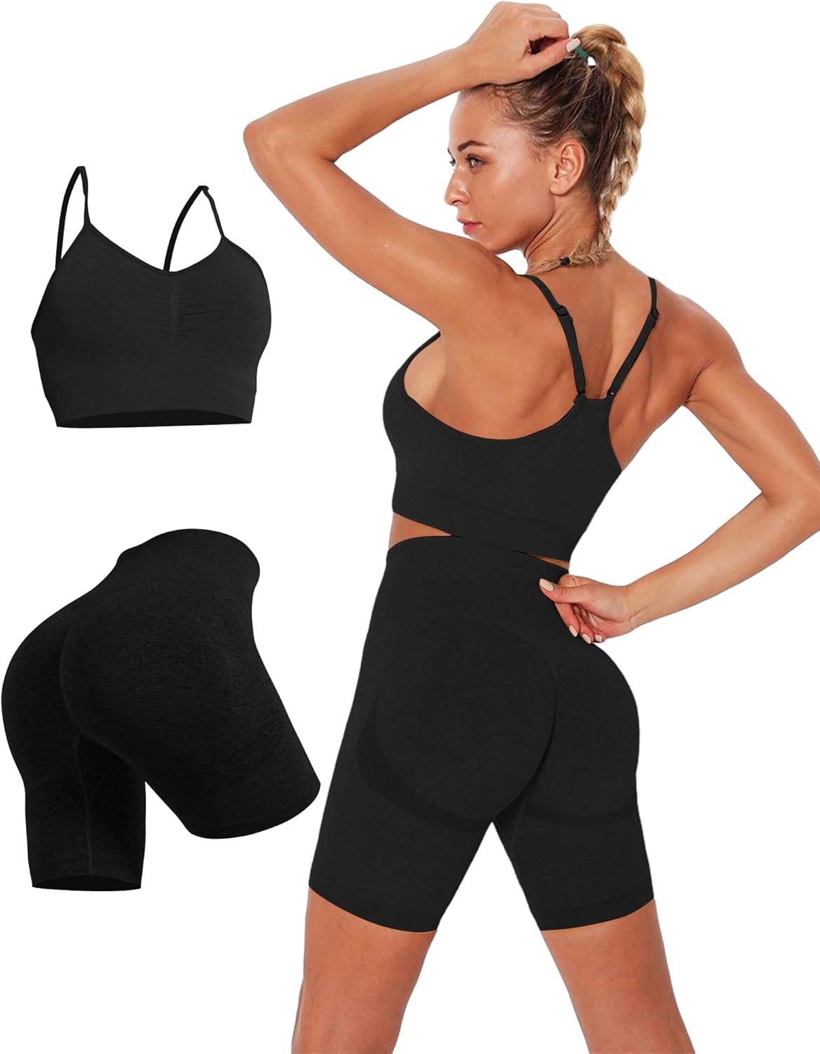 Womens 2 Piece Seamless Workout Sets Butt Lifting Shorts with Padded Stretchy Sports Bra Jogging Yoga Gym Outfits