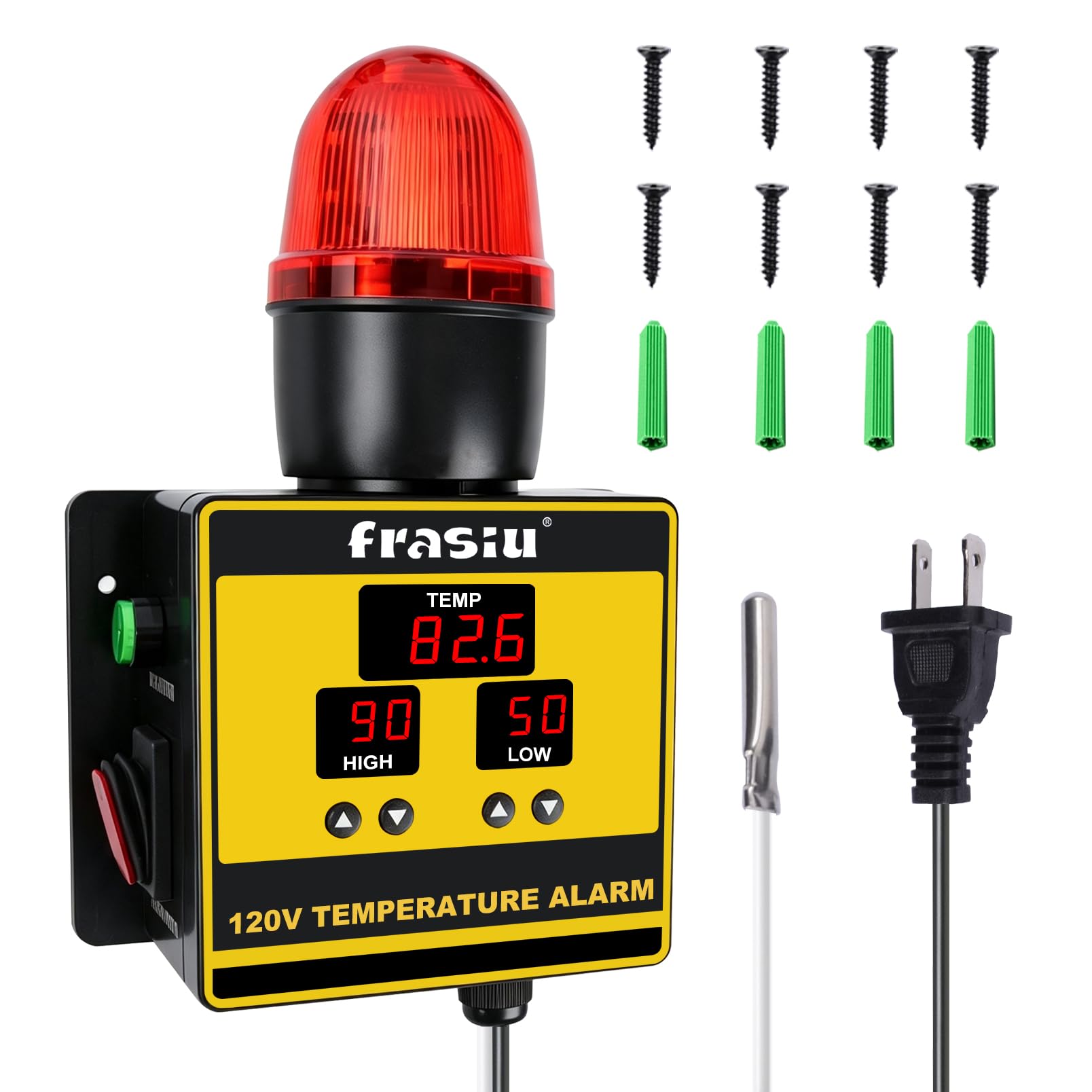 For freezer, fridge, walk-in cooler, garage and greenhouse. Alarm only, no relay output; sound and light alert. Freezer Alarm Monitor 120V, High/Low Temperature Alert, 105dB