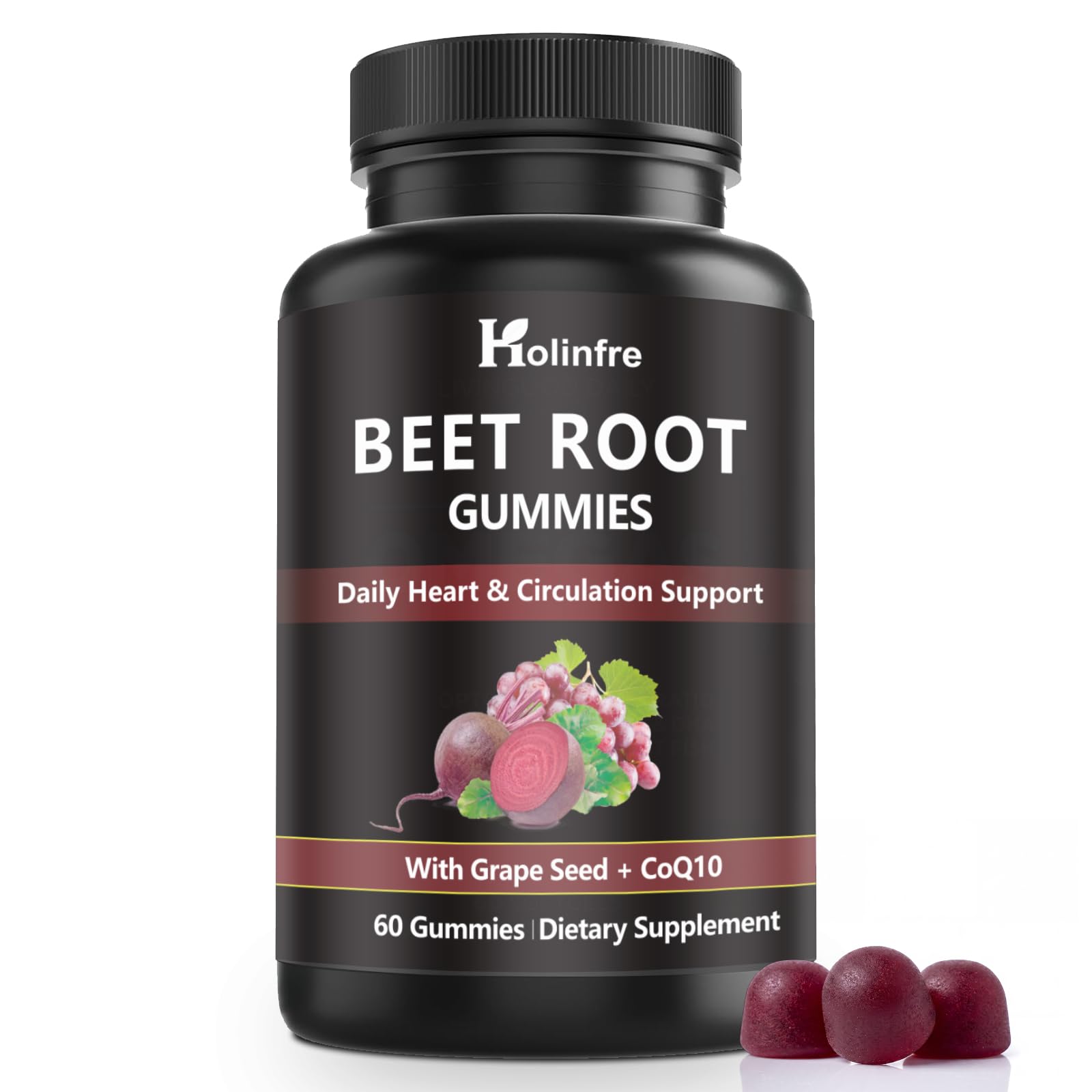 Beet Root Gummies with Grape Seed & CoQ10 for Heart & Circulation Support 60 Count (Pack of 1)