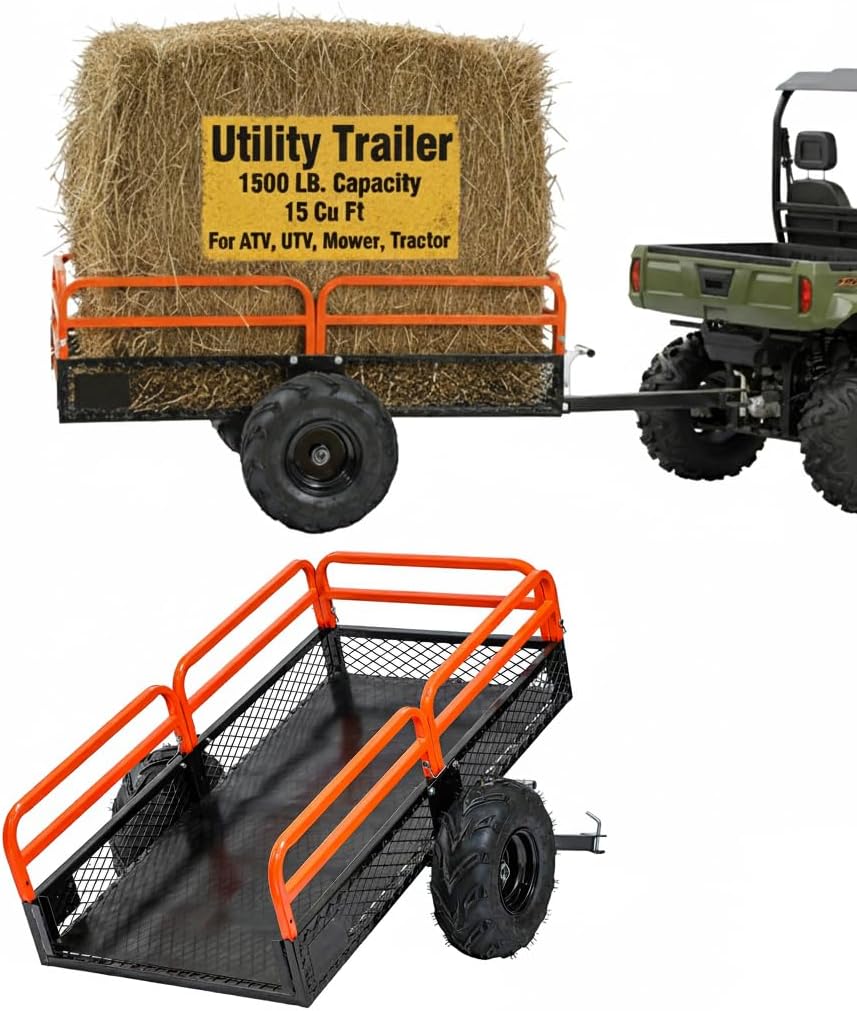 Houseables Utility Trailer, ATV Trailer, ATV Cart, Dump Cart for Lawn Tractor, Pull Behind Wagon, for Lawn Mower, UTV, Golf, Garden, Yard, Four Wheeler, Riding Mower, Tow Behind, Quad, 1500LB, 15 CuFt