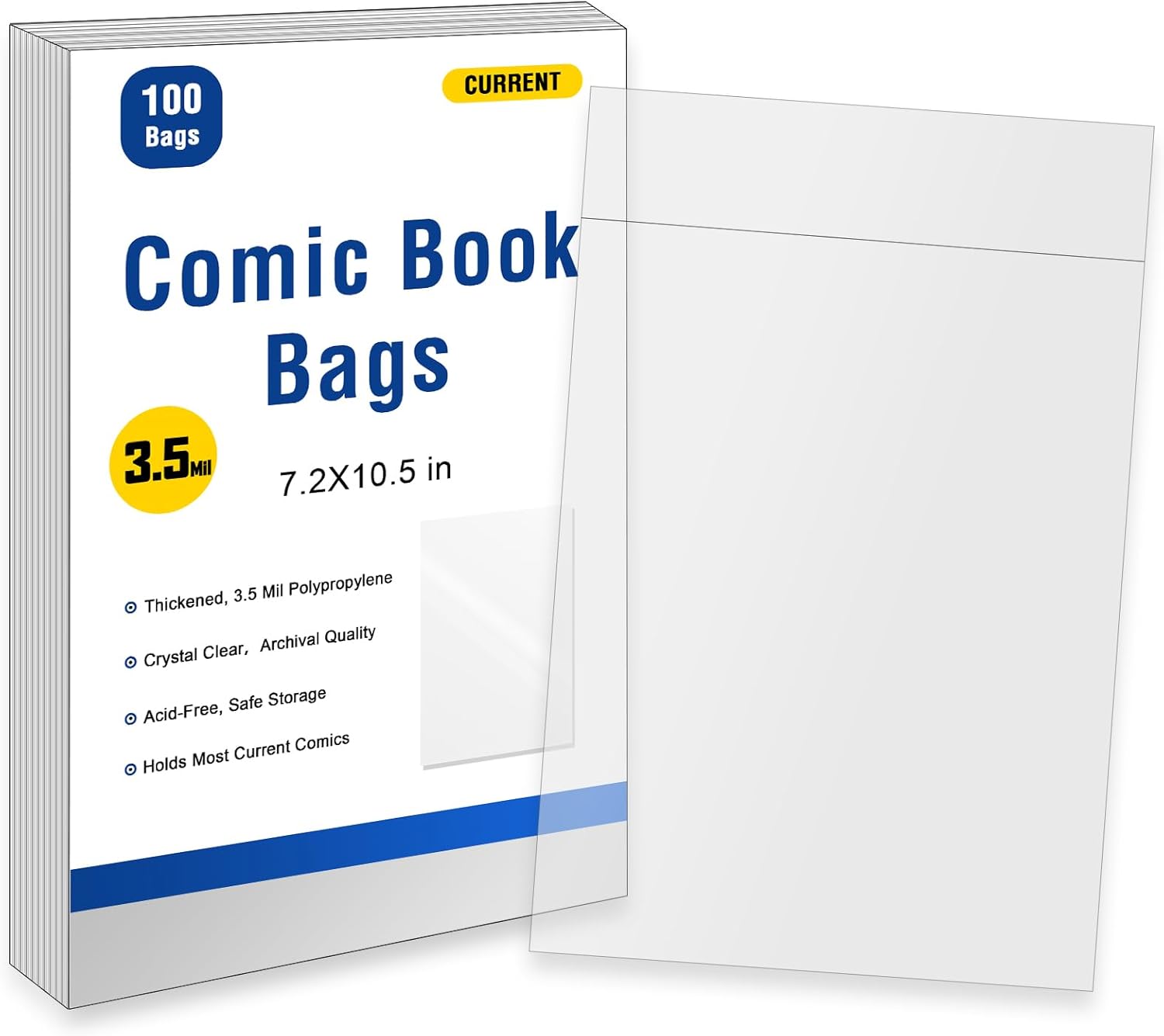 400ct Current Comic Book Bags Resealable,3.5 Mil Thick Comic Book Sleeves,Acid-Free Crystal Clear,7.2 X 10.5 inch,Archival Quality,Fits Standard Comic Book Storage
