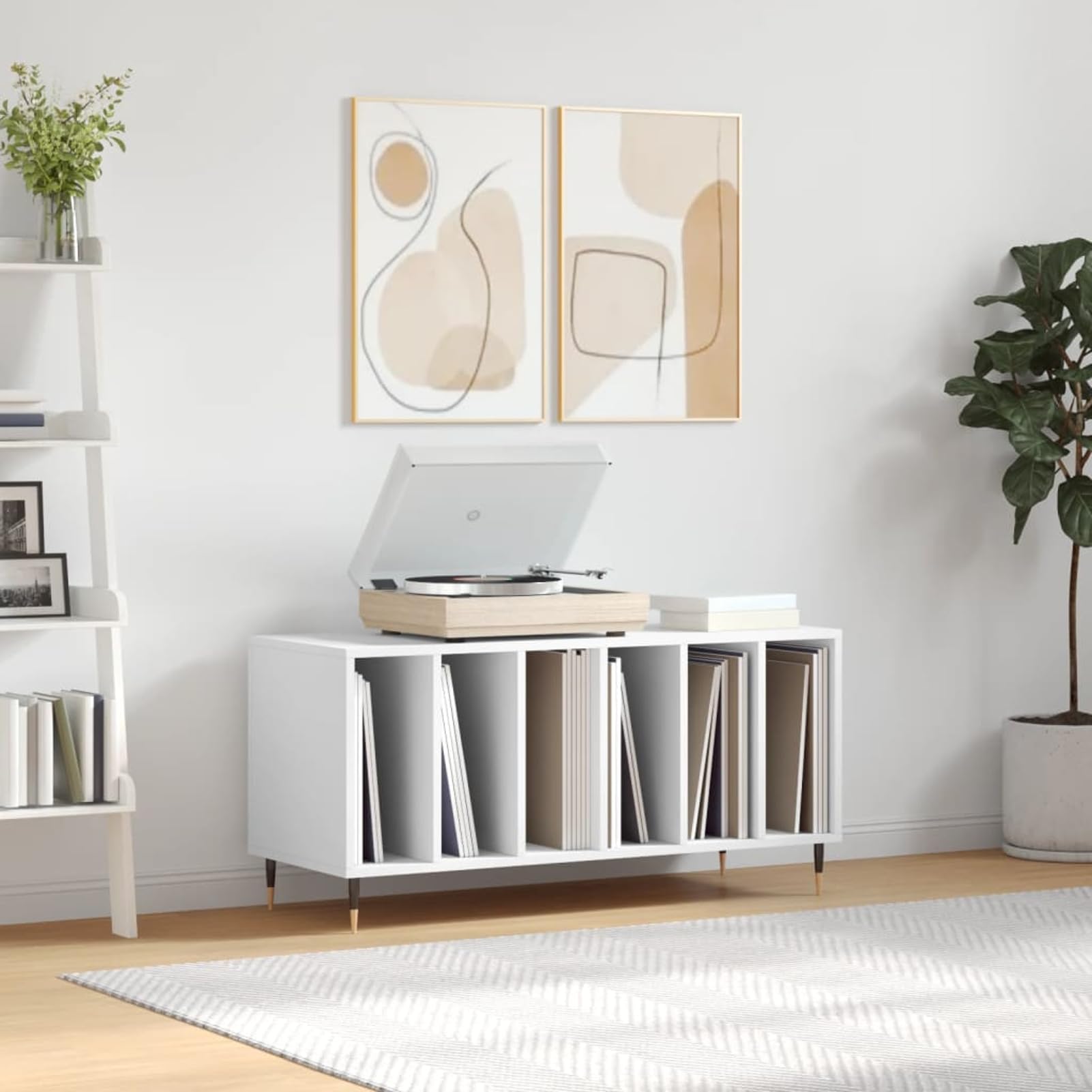 Szafa panelowa z materiału drewnopochodnego, biała, 100 x 38 x 48 cm, ze stabilną płytą górną i przemysłowymi żelaznymi nogami, do zbierania winylu