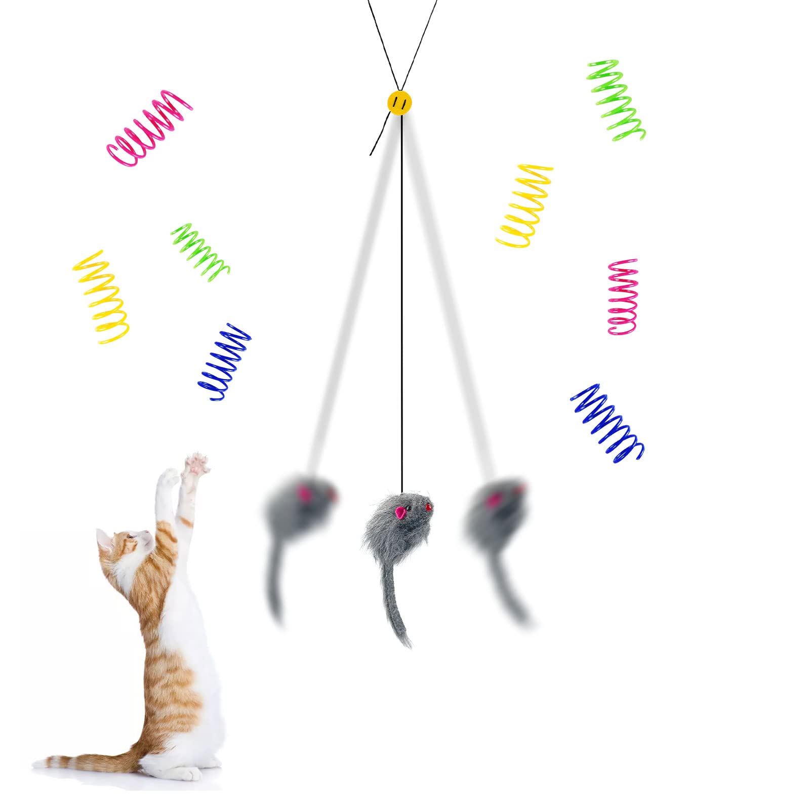 Andiker Juguetes interactivos para Gatos para Gatos de Interior 9 Paquetes, Juguete para Gatos con Cuerda elástica Ajustable, Juguete para Gatos y Ratones y 8 Piezas de resortes para Gatos