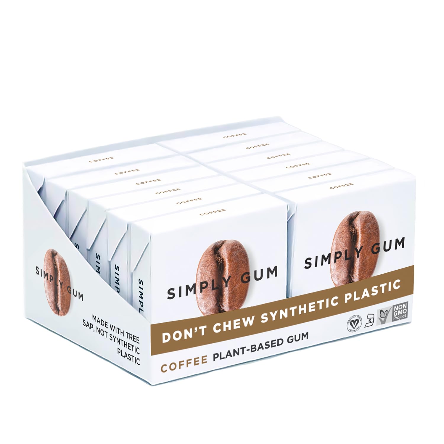 SIMPLY Gum Coffee, Plastic Free Natural Chewing Gum, 12 Pack (180 Pieces) | Vegan, Kosher, Non GMO, Aspartame Free and Sorbitol Free