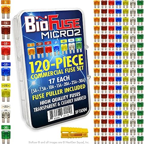 BioFuse Micro2 APT ATR 120 Piece Automotive Commercial Car Fuse Assortment (119 Micro 2 Blade Fuses + Fuse Puller) 5A 7.5A 10A 15A 20A 25A 30A Cover