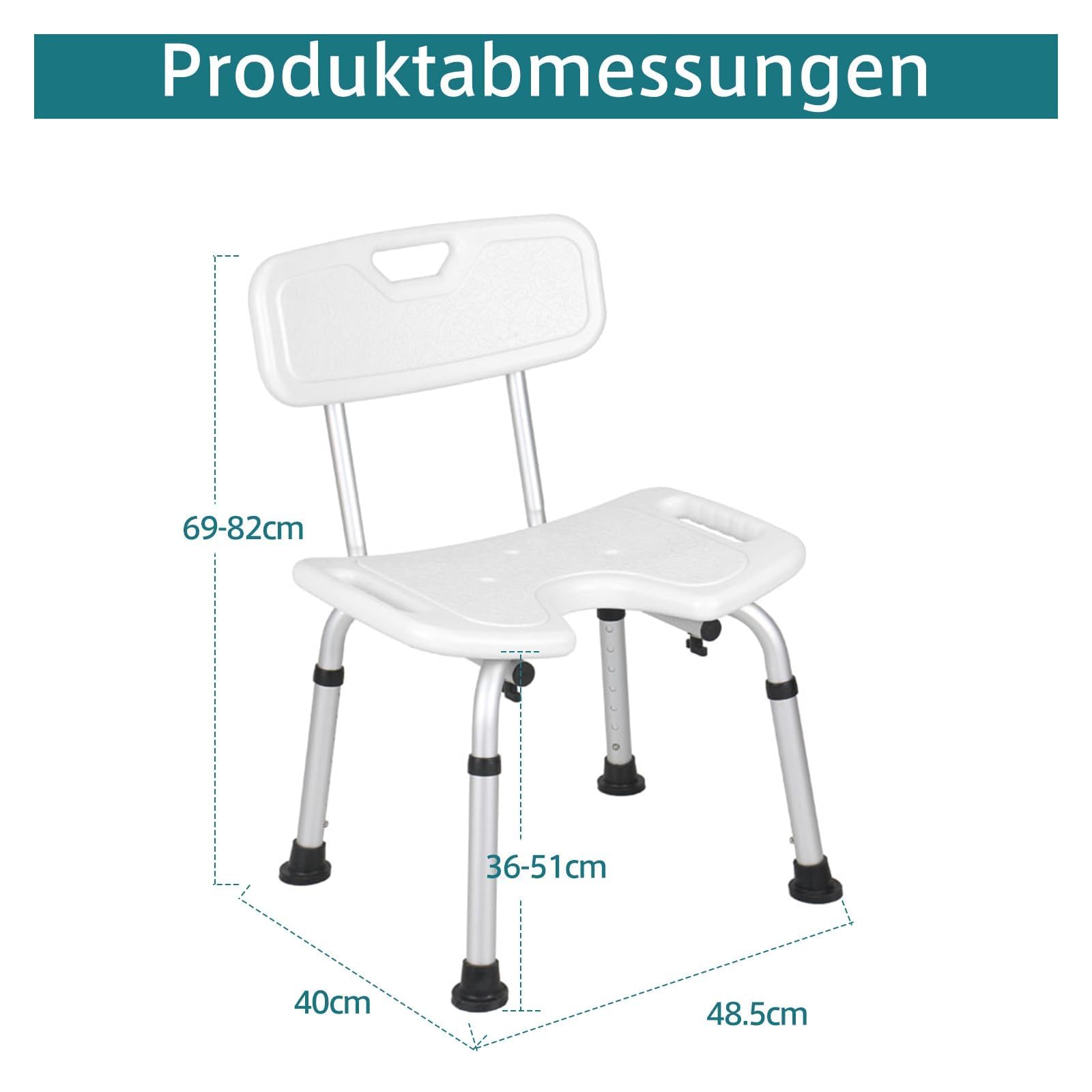 Krzesło prysznicowe, aluminium, z oparciem i podłokietnikami, fotel prysznicowy, wysokość siedziska regulowana w 7 stopniach, taboret prysznicowy dla seniorów, do 100 kg (IN-5008W)