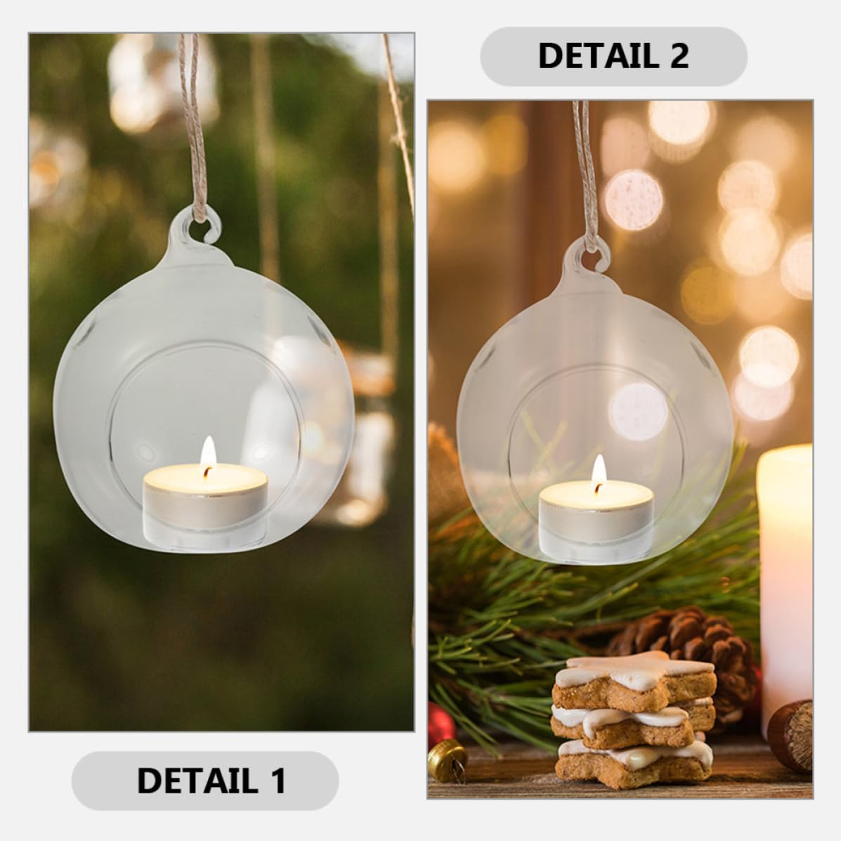 Hemobllo Portacandele da Tè in Vetro a Forma di Sfera Sospesa 6 Pezzi Corda per Decorazioni Natalizie e Aria per New Year e Thanksgiving Day