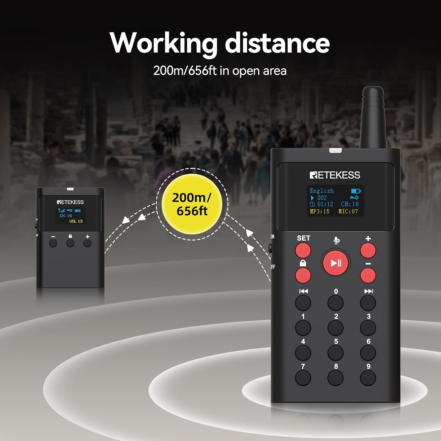 Working distance of 200m/656ft in open areas