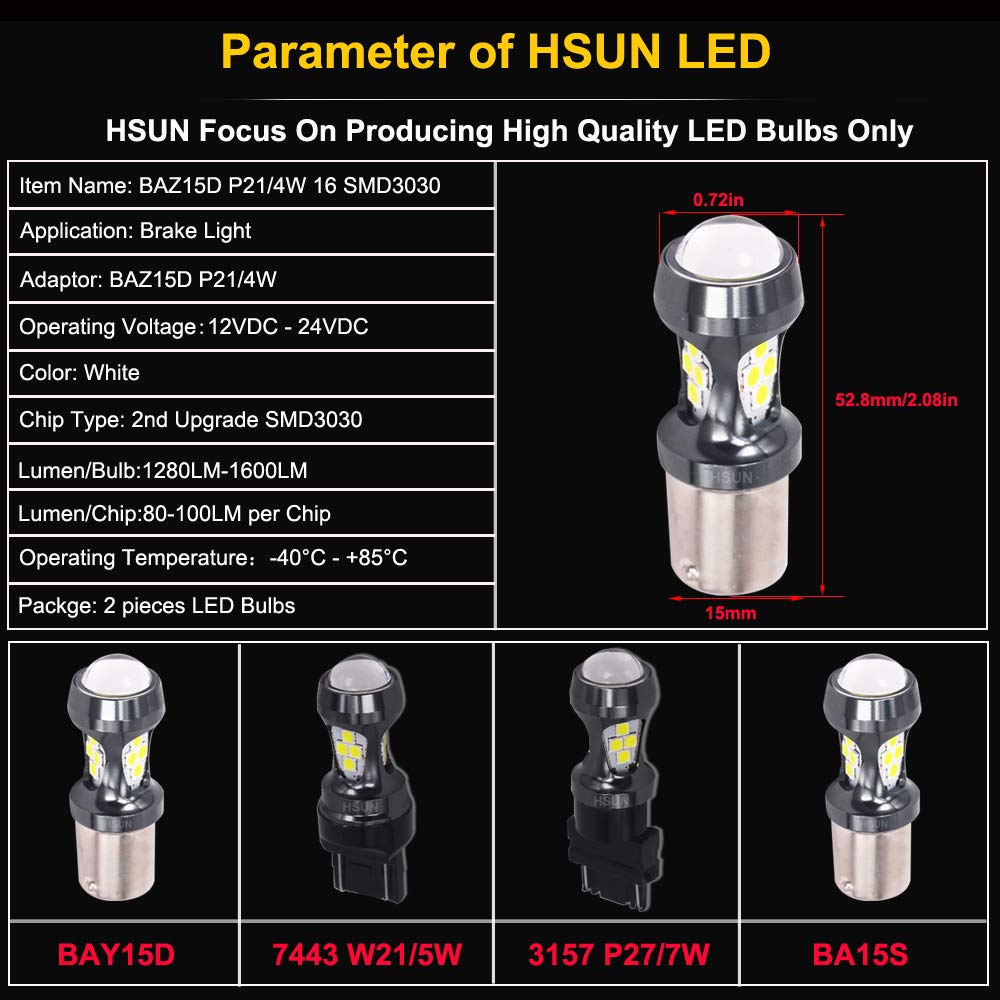 HSUN BAZ15D P21/4W S7225 S25 LED Bombillas 6000K Blanco para Luz Trasera de Freno de Coche