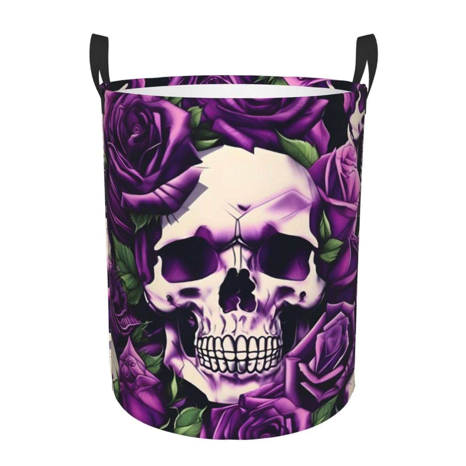 M Collapsible Round many Purple Rose Skull Print Laundry Hamper