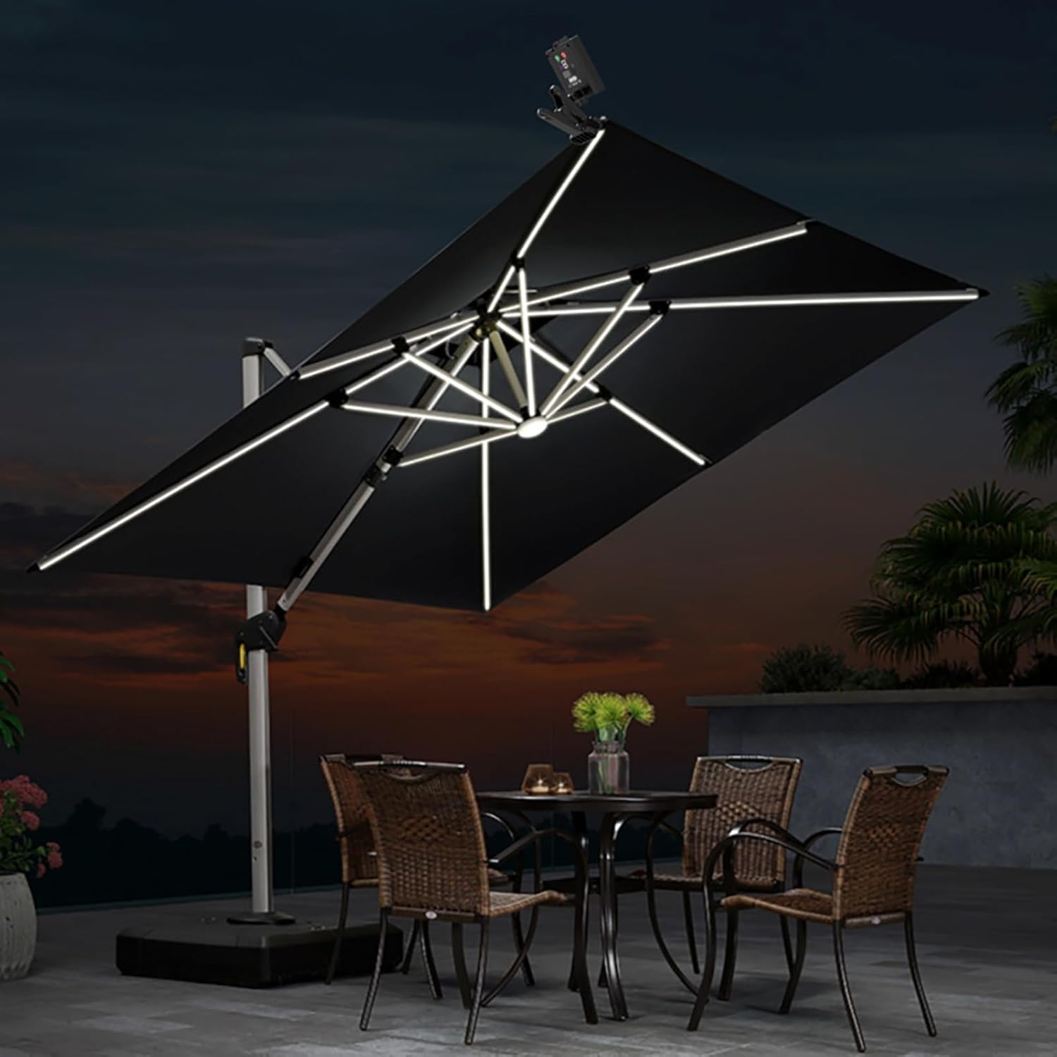 Solar Umbrella Lights Outdoor,Adjustable Three-Color Lights,for Beach Tent Camping Garden Party Decoration(Without Umbrella) Black