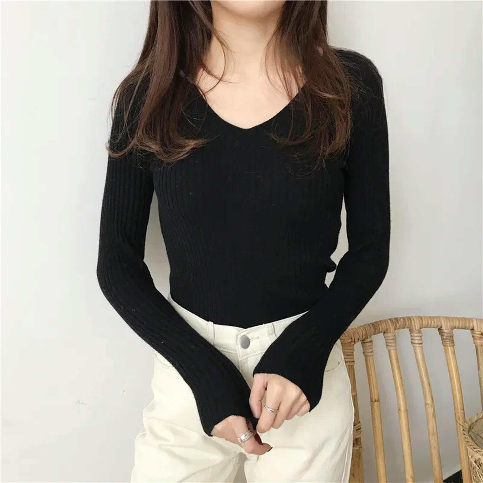 Ropa Mujer Suéter De Otoño V Cuello Suéter Tejido De Moda Delgada Cima De Invierno para Mujeres Jersey Jersey-Gris-Talla Única