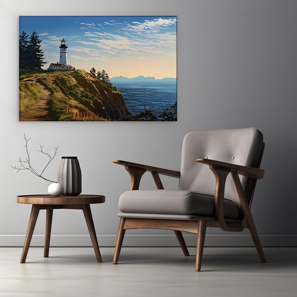 Canvas for Living Room. Lighthouse Vigil: A Beacon Above The Azure Depths, 27 x 18 inch Canvas Wall Art - Clouds - Modern Home Decor
