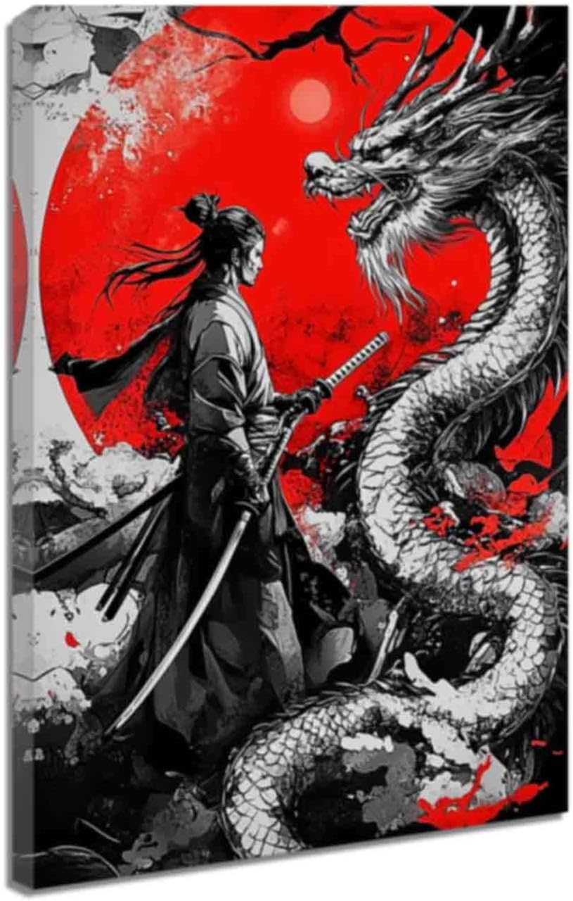 ZQQART Samurai and Dragon Canvas Painting Japanese Wall Art Warrior and Katana with Red Sun Poster Black White Picture Prints Framed (Red,12" x 18")