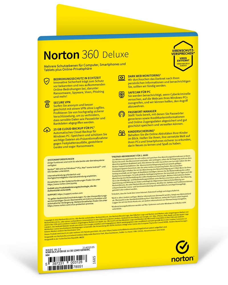 Norton 360 Deluxe 3 Geräte / 1 Jahr | Antivirus | Internet Security | Secure VPN | Passwort-Manager | Firewall | PC/Mac/Android/iOS | Aktivierungscode per Post