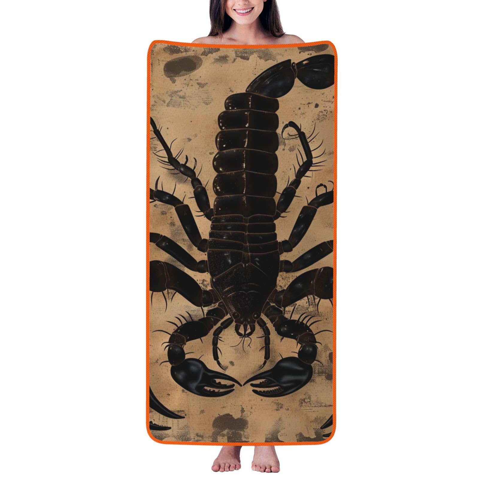 WPKJU Scorpion Printed Bath Towel with Orange Edging - 27x55 in Soft Extra Absorbent Coral Velvet Shower Towels for Bathroom