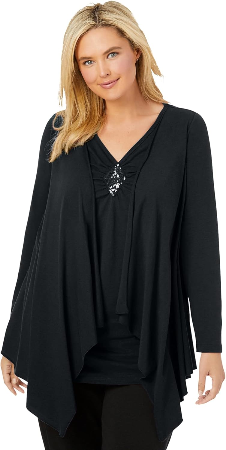 Woman Within Plus Size Layered Look Long Top With Sequined Inset