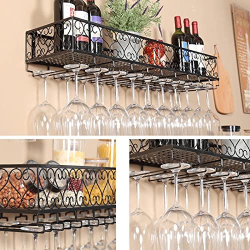 Shelving, Wine Rack Bar Unit Floating Shelves Wall-Mounted, Inverted Wine Glass Rack Multifunctional Iron Bottle Holder Simple Hanging Goblet Rack/100 * 25Cm #TOP4