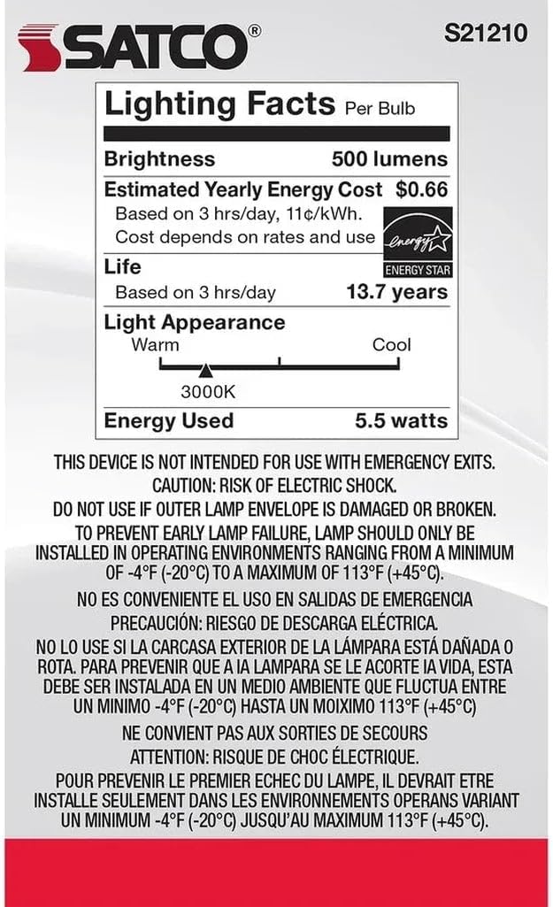 Satco 5.5-Watt LED E12 Light Bulbs, 3000K, 15000 Hour Rating, Dimmable