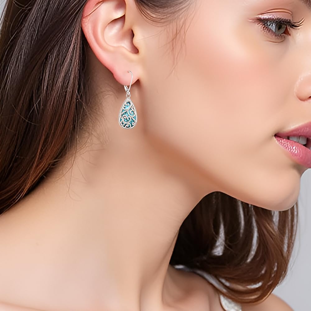 Turquoise Dangle Earrings for women, Filigree Turquoise Jewelry 925 Sterling Silver Western Earrings, Bohemian Teardrop with Jewelry Gifts Box - Image 4