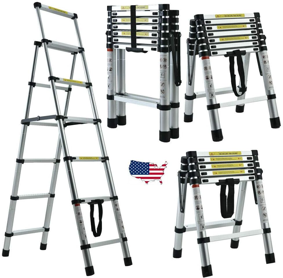 Telescopic Extension Folding Step Ladder 6+7 Aluminum Telescoping Stepladder Multi-Use Non-Slip Ladder for Indoor Outdoor Home Kitchen Window Clean Household 330lbs Capacity