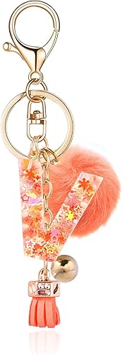 Resin Alphabet Initial Letter Keychain Keyring for Women Purse Handbags With Fur Ball Pom