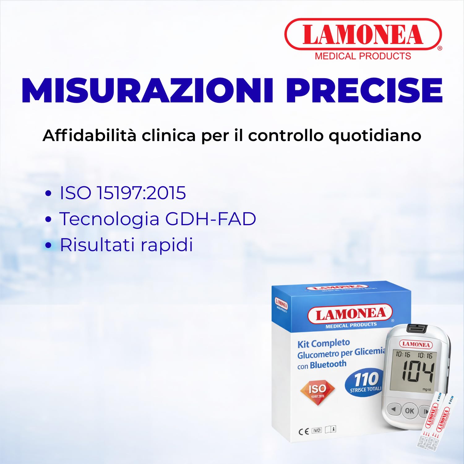 100 Strisce Reattive per Glicemia, Certificate CE - Strisce per Misurazione del Glucosio nel Sangue Intero, Compatibili con Glucometro LAMONEA, Dispositivo Medico IVD (Strisce Reattive)