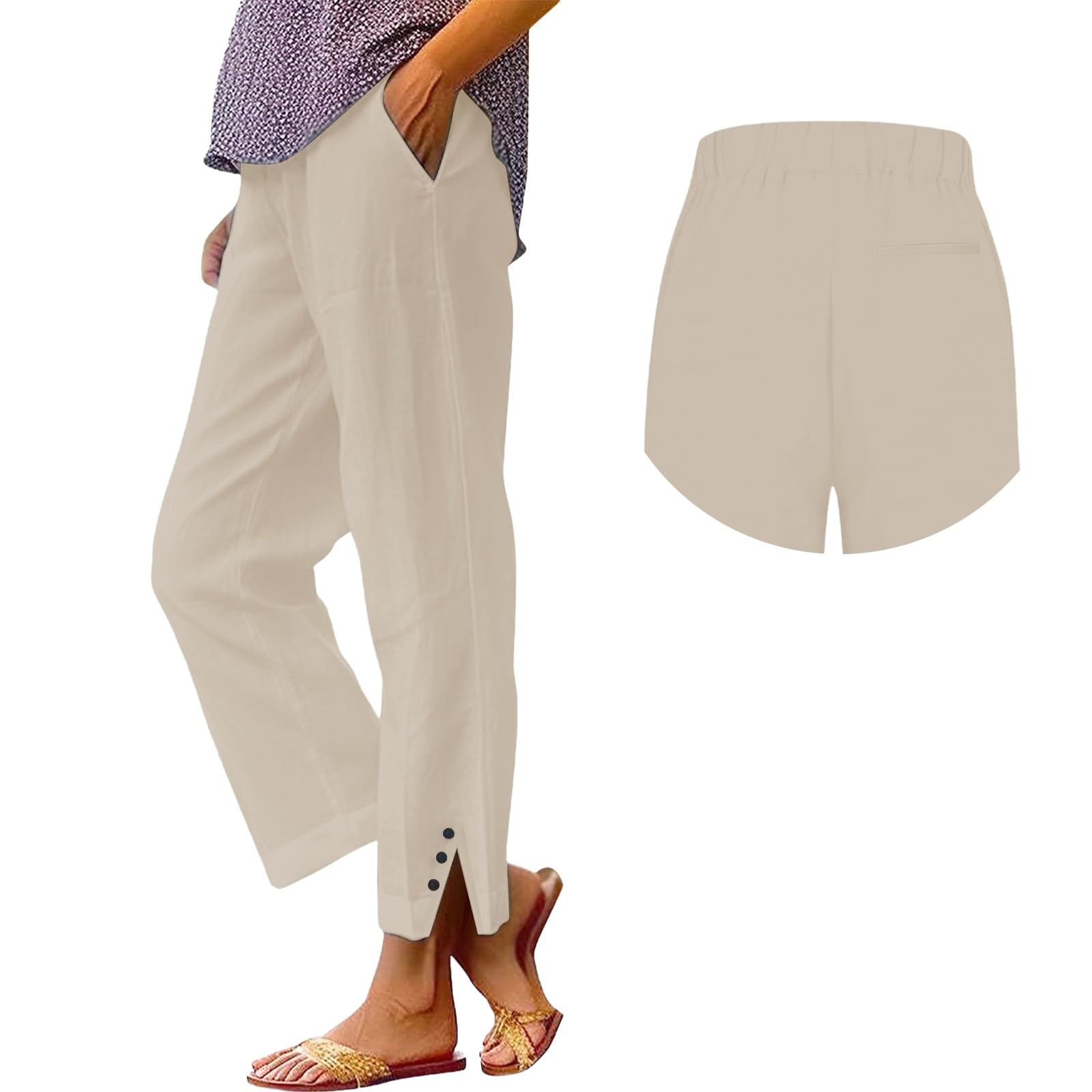 Cocila Pantalon Coton Et Lin Femme Fluide Droit pour Femme Élastique Long en Lin Taille Haute Coton Décontracté Fendu Jambes Pantalons Femmes Elastique Ou Ete Leger Été Harem Souple