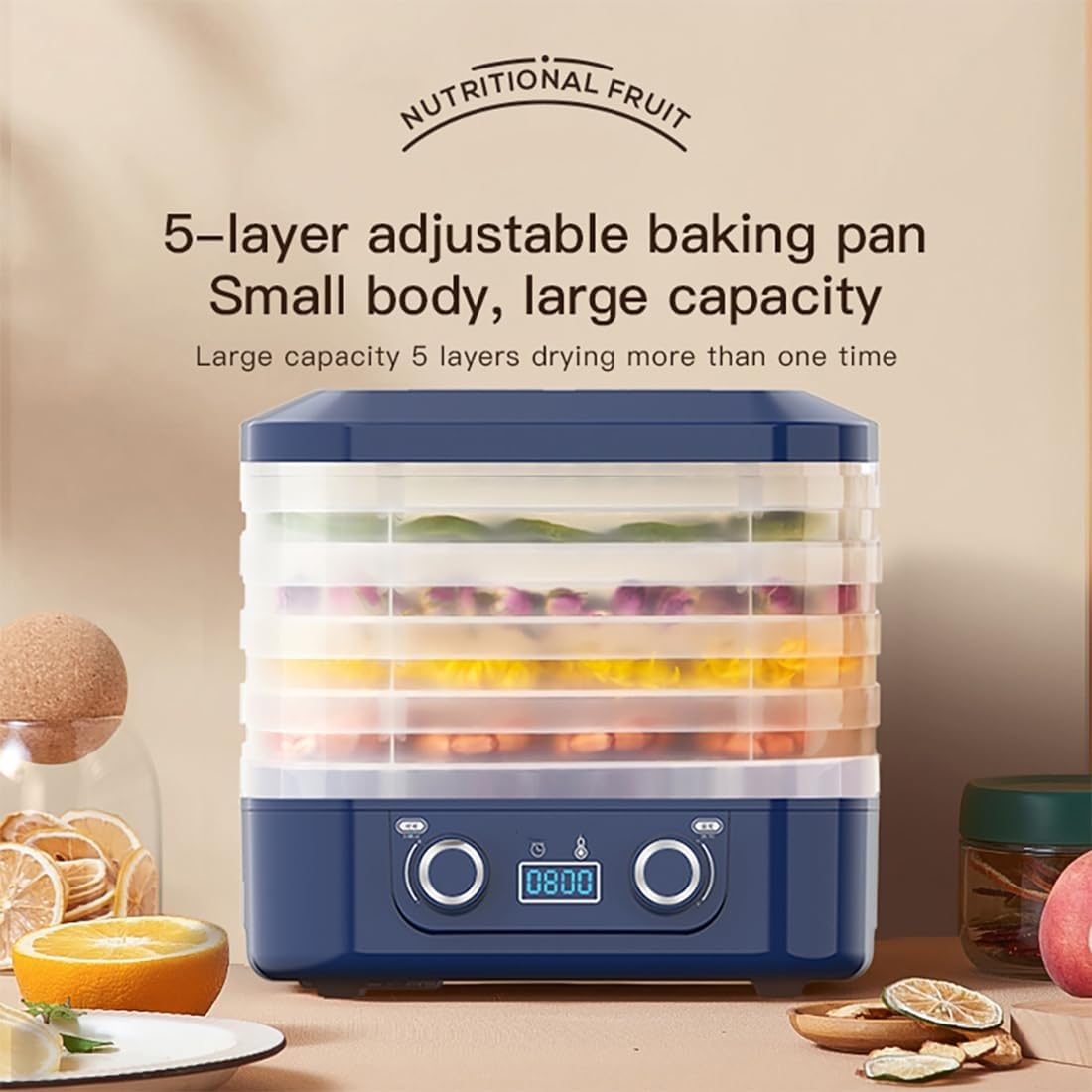 Liofilizzatore Automatico per Alimenti, essiccatore Domestico per Alimenti con Timer Digitale e Controllo della Temperatura, essiccatore Elettrico per Frutta a 5 vassoi per Caramelle(Blue)