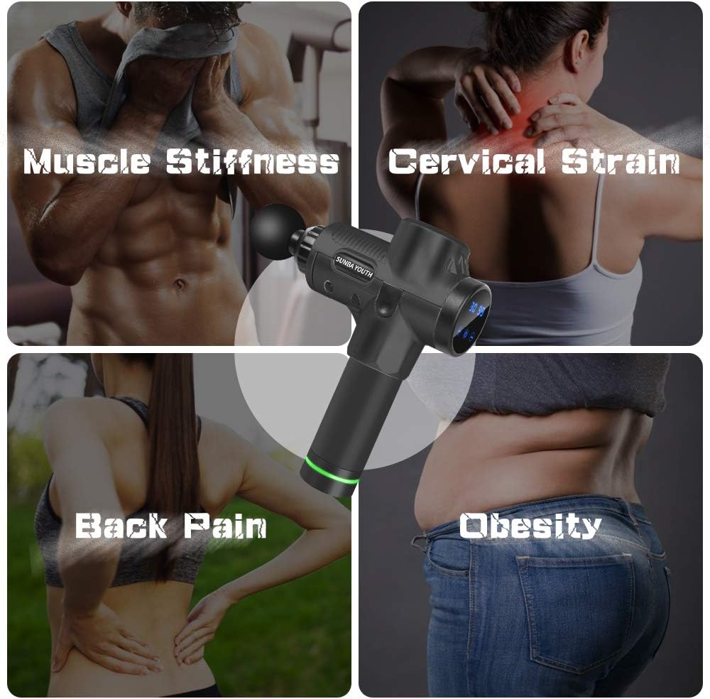 SUNBA YOUTH Deep Tissue Percussion Muscle Massager, Handheld Massager with Carrying Case Massage Gun for Athletes, Ultra-Quiet 30 Speed Levels Electric Massager for Sore Muscle and Stiffness
