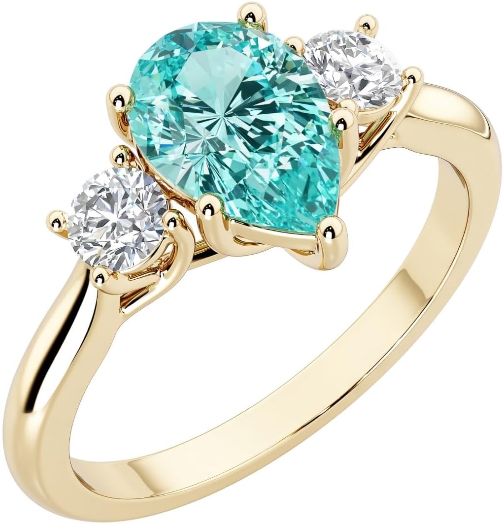 PEORA 3-Stone Pear Shape Shape Created Paraiba Tourmaline and Lab Grown Diamond Trellis Ring 14K White or Yellow Gold, 1.80 Carats total, Sizes 4 to 10