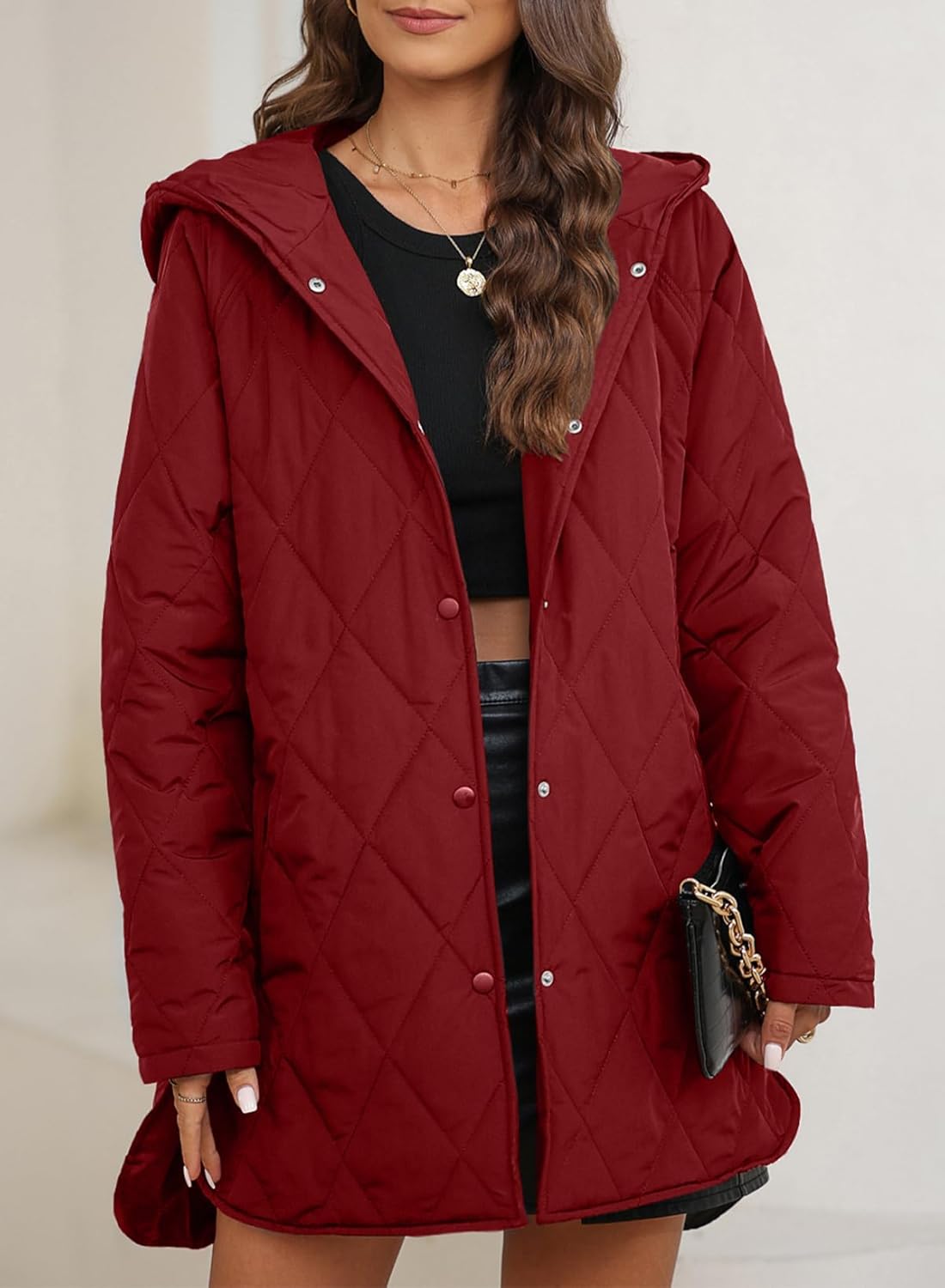 EVALESS Winter Outfits for Women Diamond Quilted Jackets Trendy 2025 Fall Long Sleeve Coat Hooded Button Down Puffer Jacket Solid Shacket Jacket Clothing for Women Dressy Casual, Red Medium - Image 2