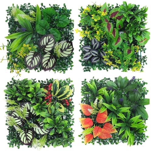 AQCQDQ Pflanzenwand Outdoor, 4 Stück Kunstpflanzen Wand, 25 x 25 cm Künstliche Pflanzen Deko für Wand, Balkon & Garten (Hybrid 03)