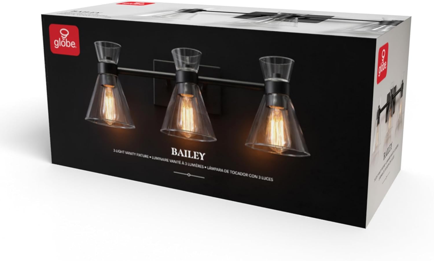Globe Electric 63000055 3-Light Vanity Light, Matte Black, Clear Glass Shades, Bathroom Lights Over Mirror, Lights for Bathroom, Powder Room Lighting, Makeup Mirror Lights, Home Décor, Bathroom Décor