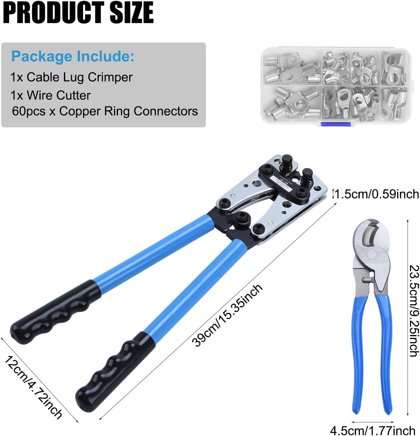 Battery Cable Lug Crimping Tool, heavy-duty wire crimper with Cable Cutter and 60Pcs Copper Ring Terminals for AWG 10-1/0 Electrical Lug(Sliver)