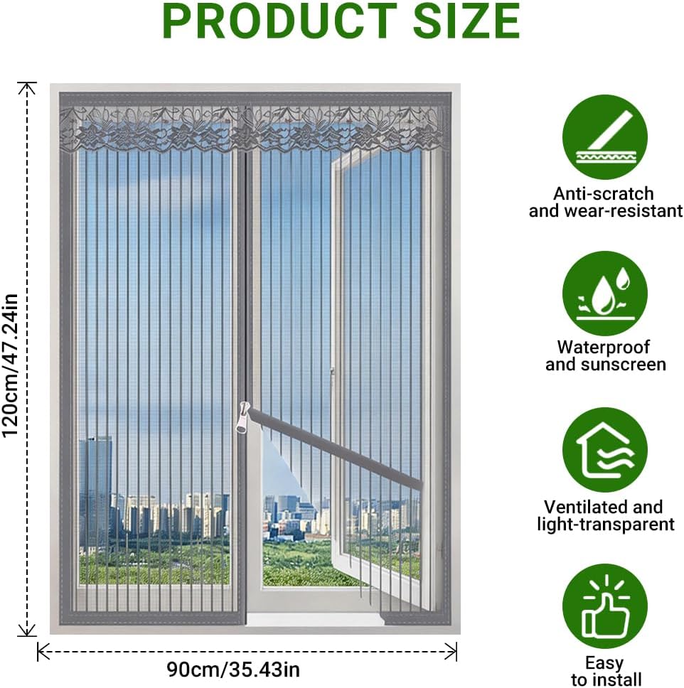 HASTHIP® Zip-up Window Mosquito Screen 90x120cm,No Drill Removable Fine Mesh Mosquito Screen Net with Lace Trim, Ventilated Mosquito Prevention Insect Window Screen