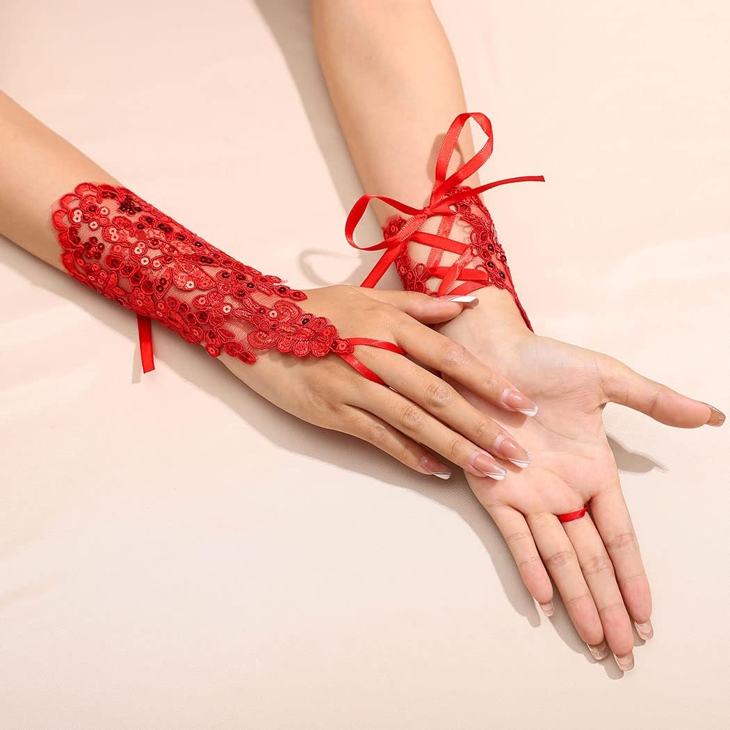 Latious Wedding Bride Lace Gloves Fingerless Bridal Gloves Red Rhinestone Glove Short Party Prom Glove Accessories for Women and Brides - Image 7