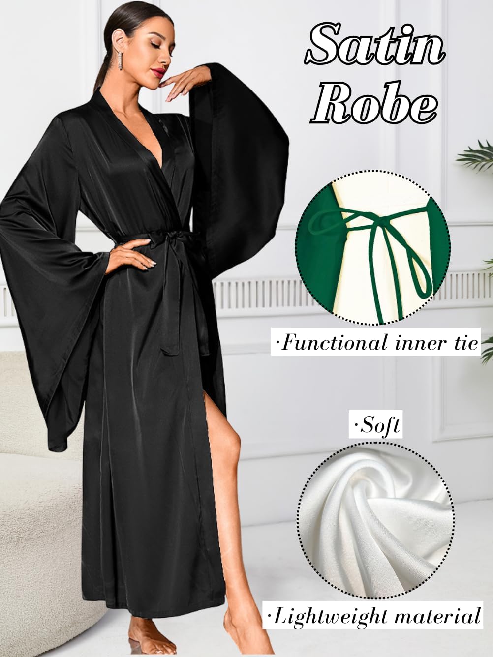 ChiaoLezhee Satin Long Robe For Women, Soft Lightweight Silk, Bride Wedding Night, Bridal Bathrobe Sexy Bathrobes Bridesmaid - Image 2