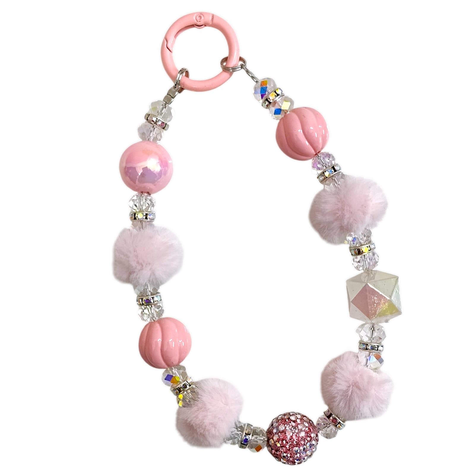 TERA 13 Pink Beads Phone Charms Aesthetic Crystal Clear 1 pcs Fur Teddy Bracelet Hangings For Mobile Cover String Jewellery Good Luck Lanyard For Women Girls Handmade Pearl Wrist Strap-image-8