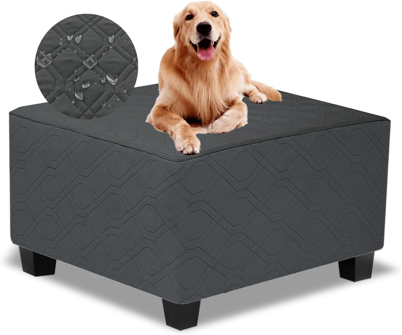 Ottoman Cover Square,Waterproof Square Ottoman Covers Thick Slipcover for Living Room,Washable Storage Footstool Furniture Protector for Dogs,Pets,Charcoal Grey,X-Large Charcoal Grey&dark Bluish Gray XL Length&Width:43"-46",Height:14"-20"