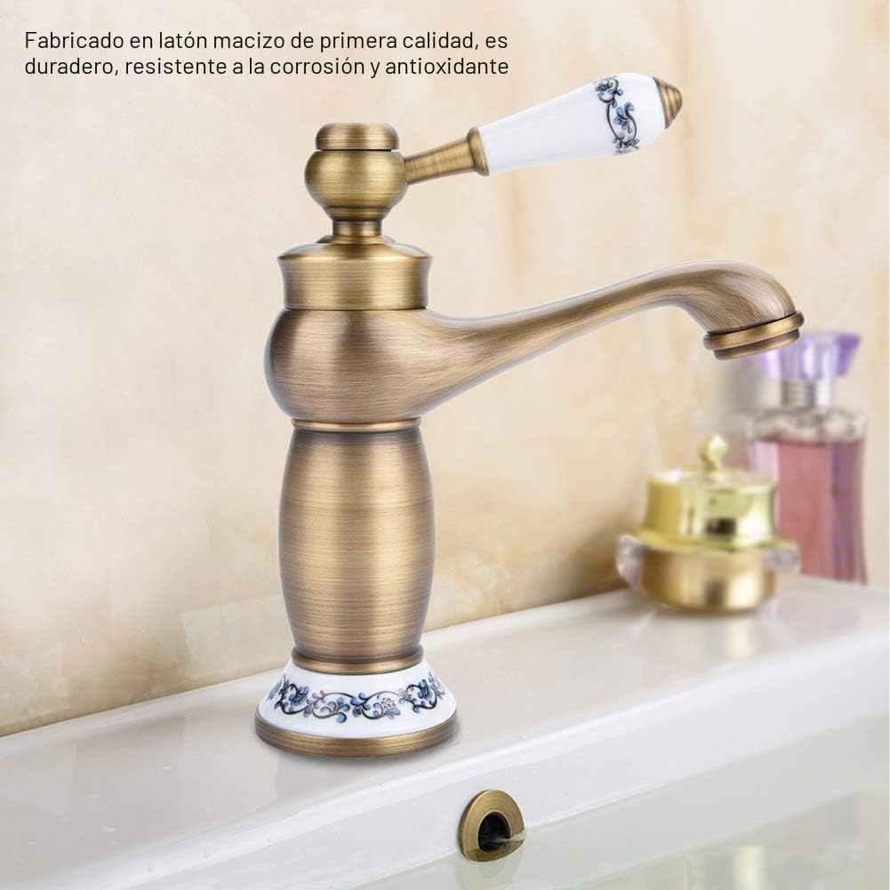 Grifo monomando de agua fría y caliente de latón con estampado floral para lavabo de cocina, baño (antiguo)