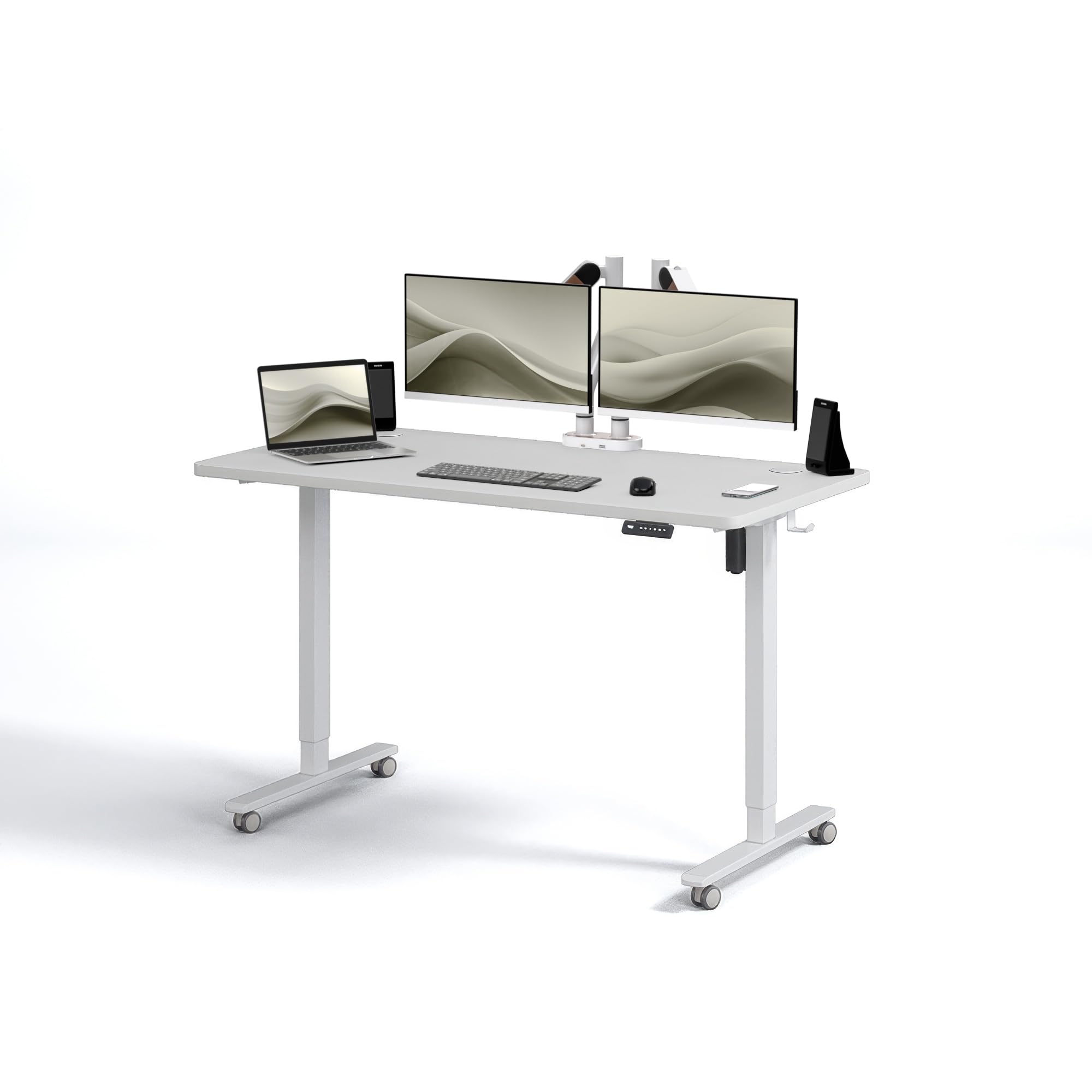 BLACK POINT Escritorio de Altura Regulable 140 x 70, Asiento ergonómico de pie, Mesa de pie, Ajustable, Color Blanco, Rango de Altura 72-120, Ruedas Incluidas