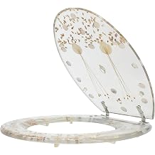 Resin Toilet Seat with Clear Seashells Cover, Slow Close Elongated Toilets Seat, Round Transparent Ocean Acrylic Toilet Seats, Stainless Steel Hinges, 16.73x13.98x1.97inch