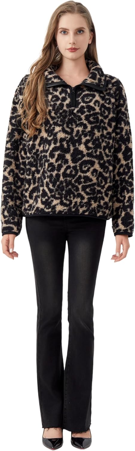Fashion Women's Sherpa Pullover, Fleece Stand Collar Jacket with Animal Geometric Print, Cozy Winter Outerwear - Image 2
